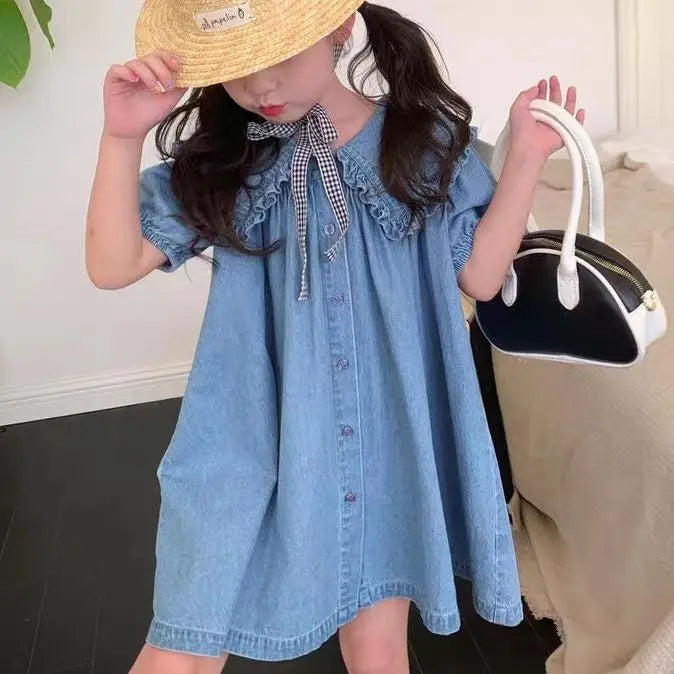Children's Dress Summer Girl's Fashionable Bubble Sleeves Denim Dress Baby Cotton Short Sleeves Flip Collar Princess Dress