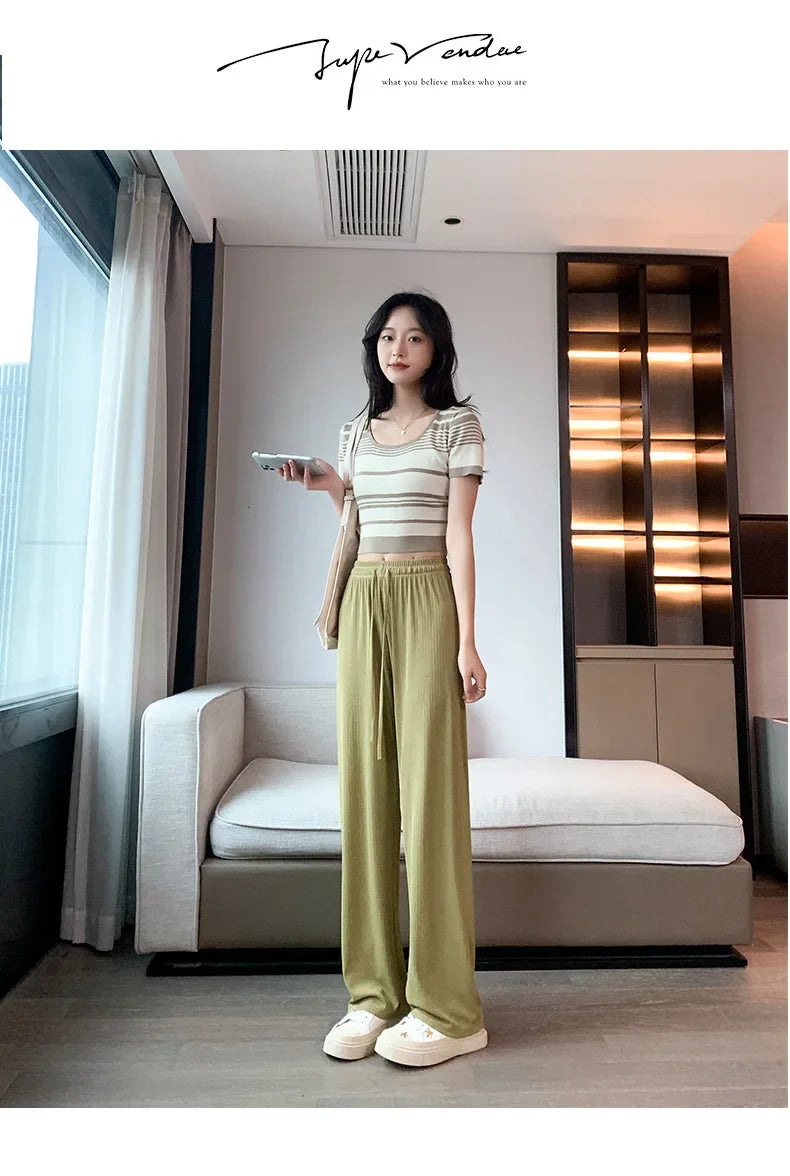 Ice Silk Wide Leg Pants Women's Summer Thin Narrow Version 145 Small Size Drape Straight High Waist Stripe Casual Trousers 150