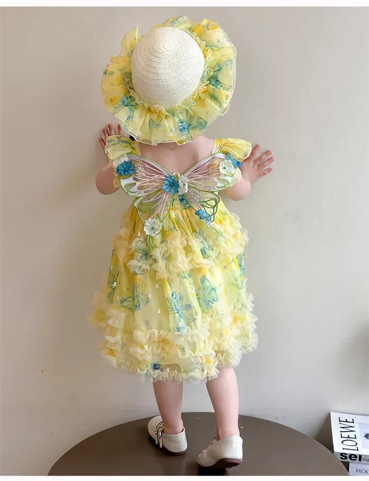 Girl Summer Mesh Dress Doll Baby  Kids Back Butterfly Flower Suspender Princess Dress Fashion Casual