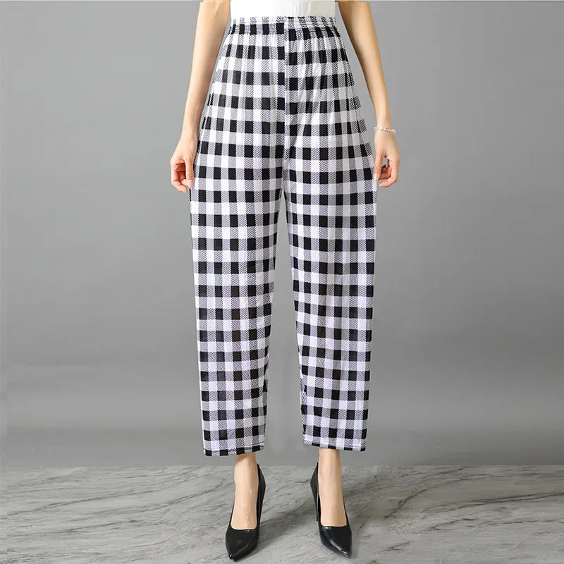 High Waist Floral Pants Straight Leg Home Leisure Women's plus Size High Elasticity Air Conditioning Pants Casual Trousers