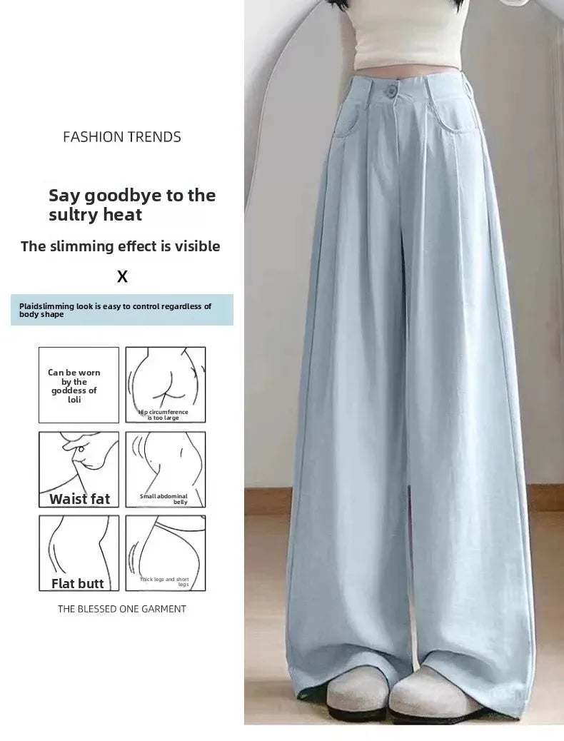 Ice Silk Drapey Wide Leg Pants Women's Summer Thin New Style Beige Color Nine Points Long Trousers Comfortable Fit Female Pants