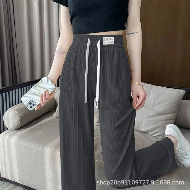 Ice Silk Wide Leg Pants Women's Spring Summer Autumn Thin High Waist Loose Straight Casual Long Trousers Comfortable Polyeste...