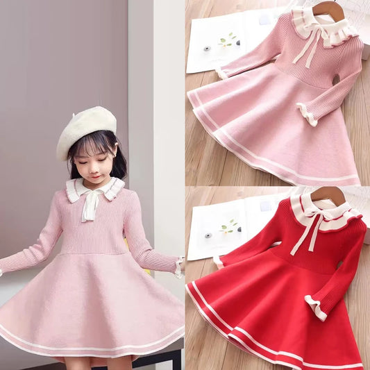 3-12 year old girl winter clothing girl knitted long sleeved warm sweater dress lapel casual pleated girl princess dress