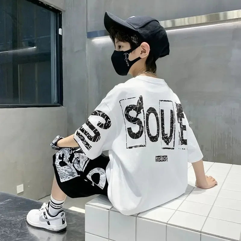 3-14 Years Teenage Boys Hip Hop Streetwear 2Pcs Outfits Summer Trendy Casual Sports Pure Cotton T-shirt Pants Fashion Kids Cloth