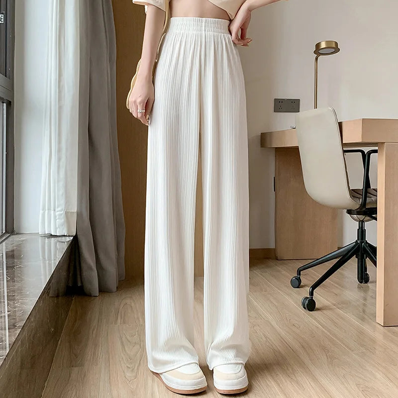 Korea Dongdaemun Ice Silk Wide-leg Pants Women's Thin Slimming Floor Pants White Striped Pants Y2K Fashion Pants Baggy