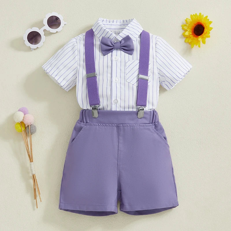 Boy Gentleman Outfit Vertical Stripe Print Short Sleeves Shirt with Bow Tie and Suspender Shorts Set for Formal Wear