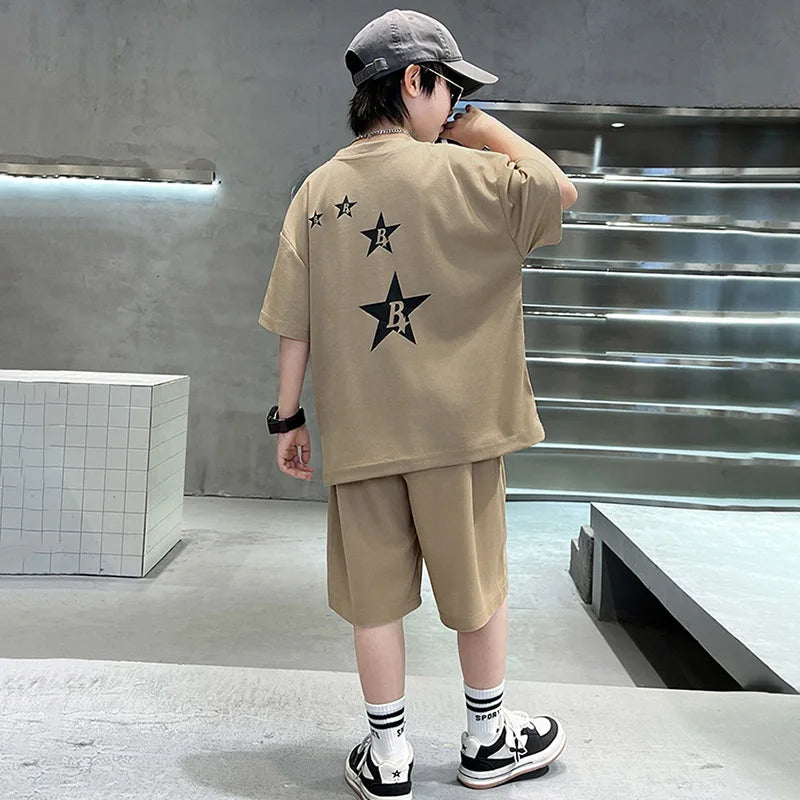 New Summer Teenager Boys Clothing Set Cotton Letter Short Sleeve T-shirt Shorts  Years Kids Tracksuits Child Cloth