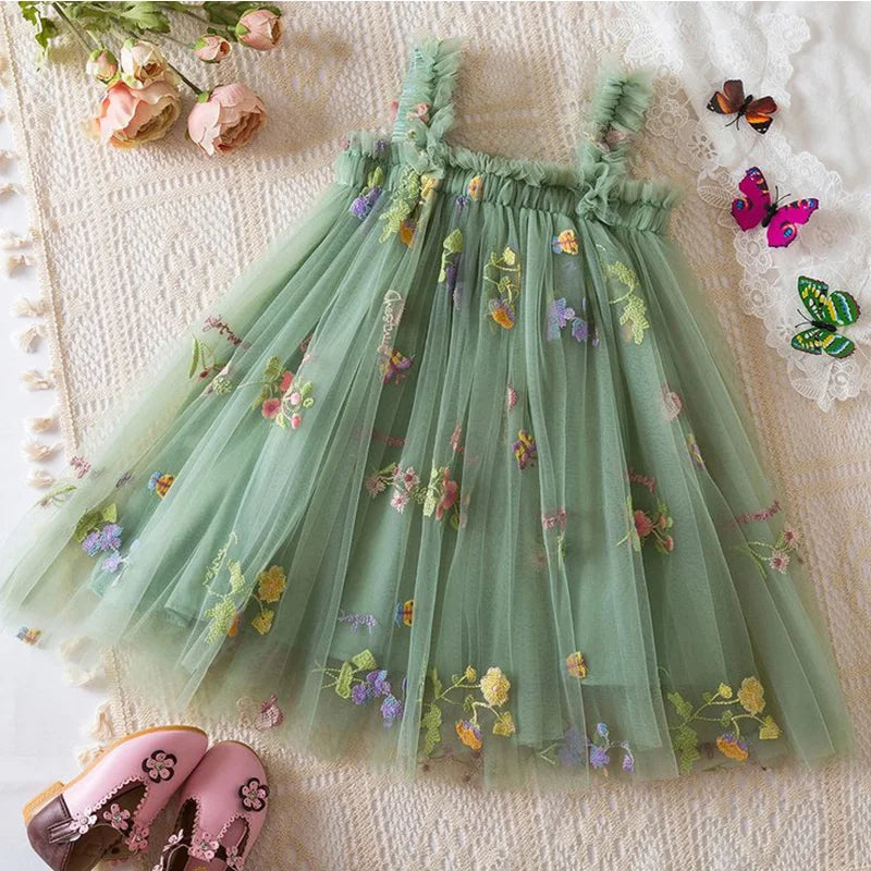 Summer New Sweet Girls' Little Sling Dress Children's Bow Floral Embroidery Mesh Tutu Princess Dress Baby Girl Dress