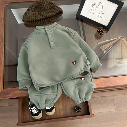 2024 Winter New Baby Boys Fleece Sweatshirt + Sweat Pants 2pcs Suit Infant Plus Velvet Thick Clothes Set Toddler Warm Outfits