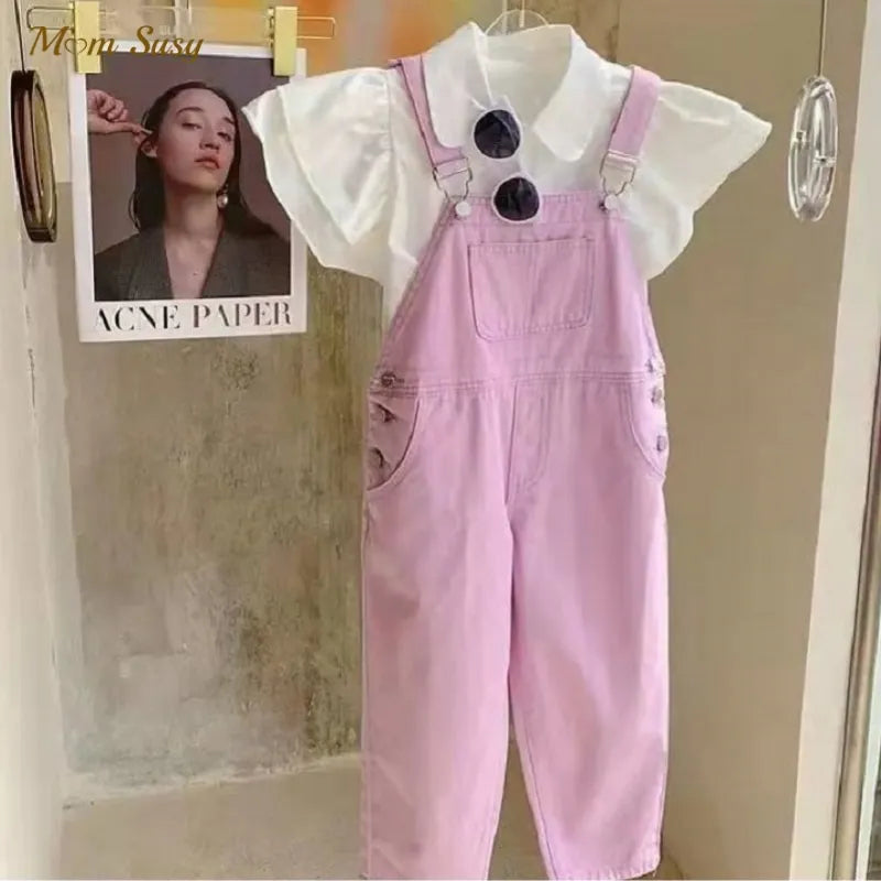 Baby Girl Denim Overalls Pant Pocket Fly Sleeve Shirt Toddler Teen Child Suspender Trousers Kid Dungaree Baby Clothes 3-14Y