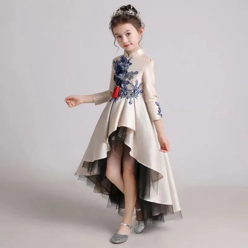 Girls' Fashion Evening Dress Children's Chinese Style Host Piano Performance Costume Dress Kids' Stand up Embroidered SkirtLI852
