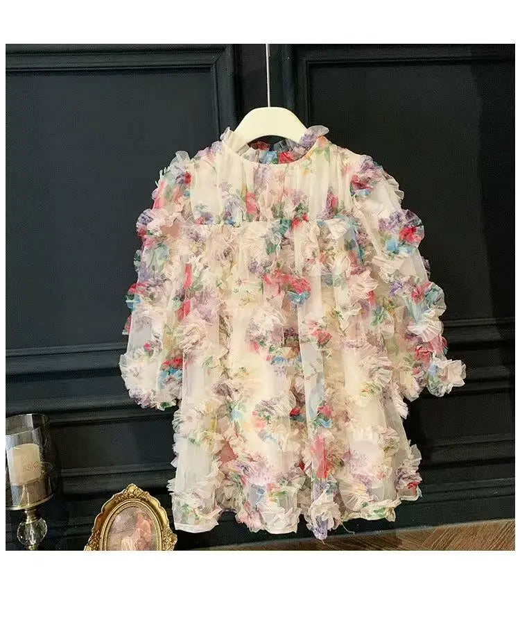 New Baby Girls floral print Fall Mesh Long Sleeve Dress Princess Kids Sweet Party Dresses
