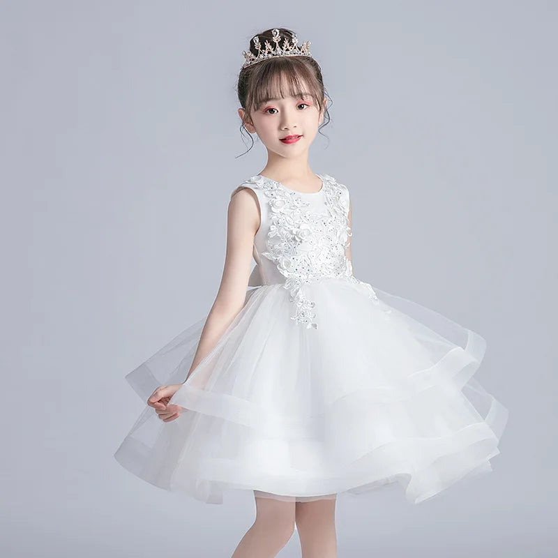Kids Girls Layered Dress  Elegant Flower Girl Dresses for Wedding Birthday Party Children Festival Ball Gown