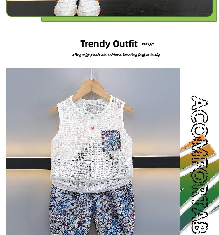 Boys Summer Hollow out Vest Set Breathable Me Svel Long Pants Two Piece Suit Teen Casual Sportswear Cotton Blend orts