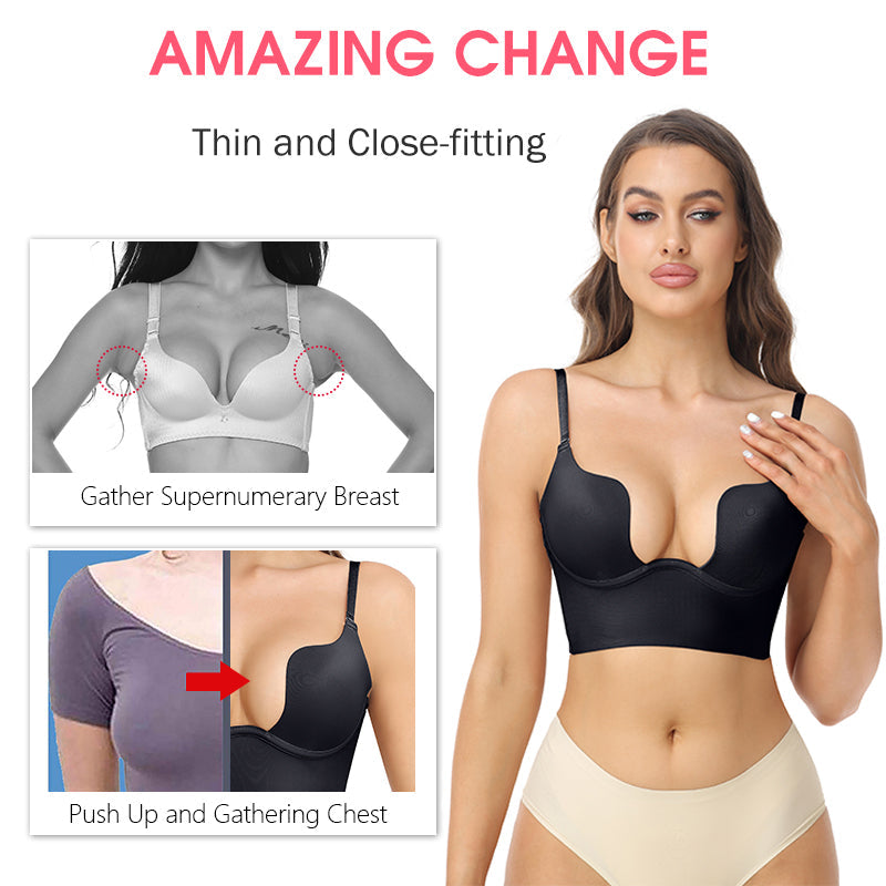 Seam-free Womens Low Cut Plunge Bra Wire Lifting Deep U Shaped Multi-Way Push Up Convertible Plunge Backless Sexy Bra