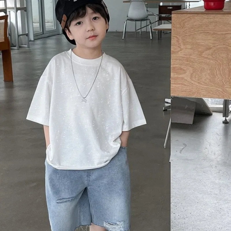 Kids' Oversized Star Print T-Shirt Korean Style Summer Casual Breathable Cotton Top