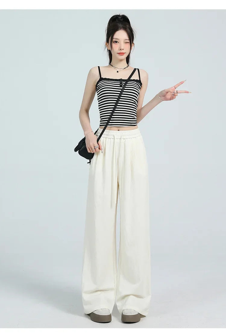 White Ice Silk Wide Leg Pants Women's Summer Thin High Waist Slimming Casual Versatile Elastic Waist Draped Straight Leg Trouser