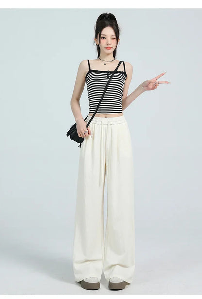 White Ice Silk Wide Leg Pants Women's Summer Thin High Waist Slimming Casual Versatile Elastic Waist Draped Straight Leg Trouser