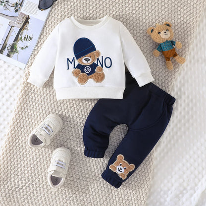 Boys and Girls Autumn and Winter New Cartoon Letter Hat Bear Embroidered Long Sleeve Hoodie Long Pants Two Piece Set