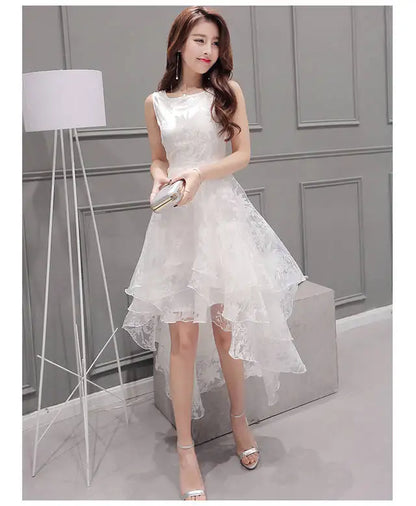 Summer High Low Retro Dress Vintage Women Sleeveless Front Back Short Long Organza Lace Dress Ladies Elegant Party Dress