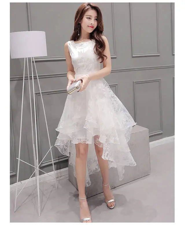 Summer High Low Retro Dress Vintage Women Sleeveless Front Back Short Long Organza Lace Dress Ladies Elegant Party Dress