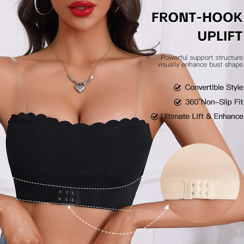 Women's Strapless Front Closure Bra Wireless Bandeau Non-slip Underwear Wavy Edge Chest Wraps Padded Push Up Tube Top Bralette