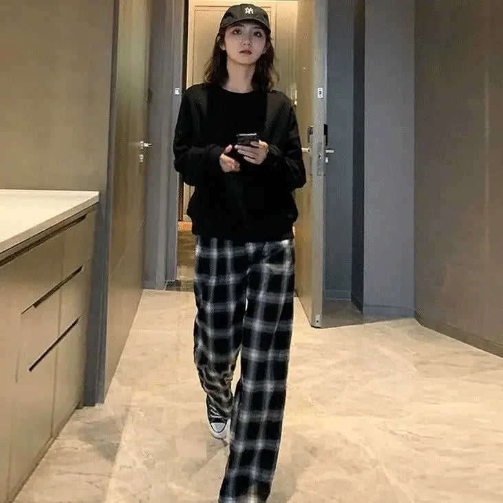 High Waist Plaid Wide Leg Pants Women Loose Straight Casual Slimming Spring Autumn New Style Chinese Brand AE Stock