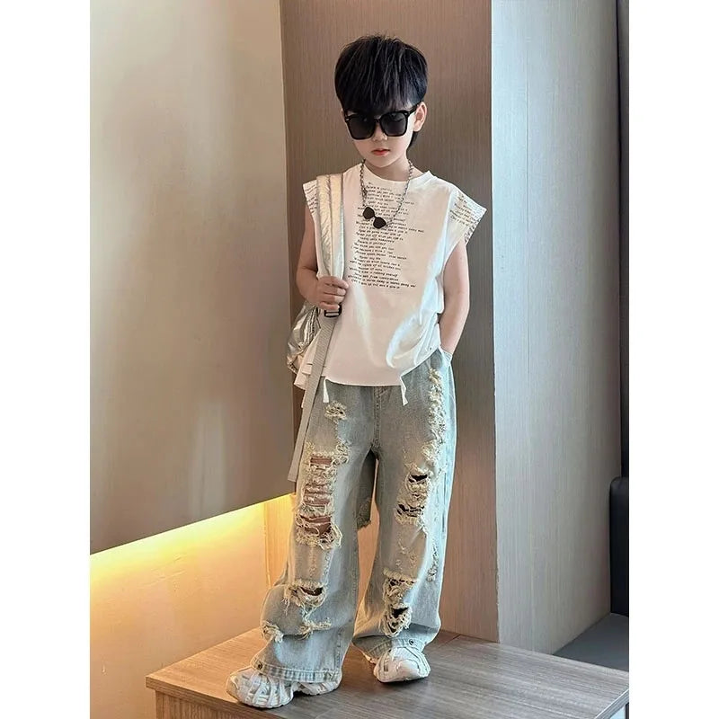 Boys' Summer Set Fashionable New Children's Casual Irregular Hole Jeans+Tank Top T-shirt 2-piece Set