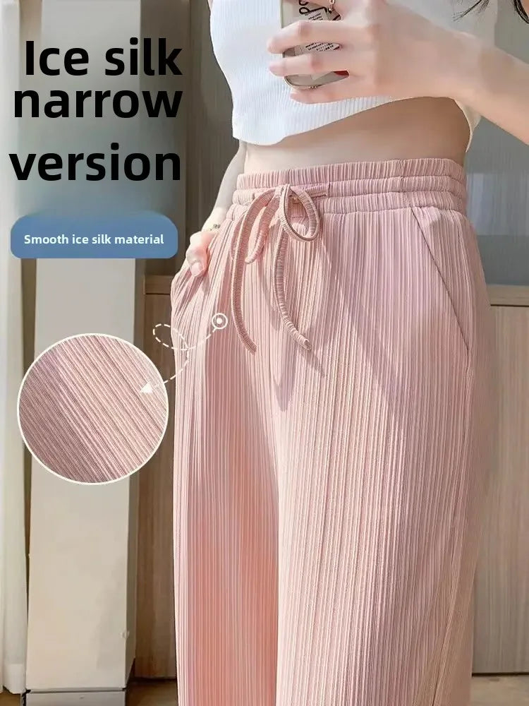 Ice Silk Wide Leg Pants Women's Summer Thin Narrow Version 145 Small Size Drape Straight High Waist Stripe Casual Trousers 150