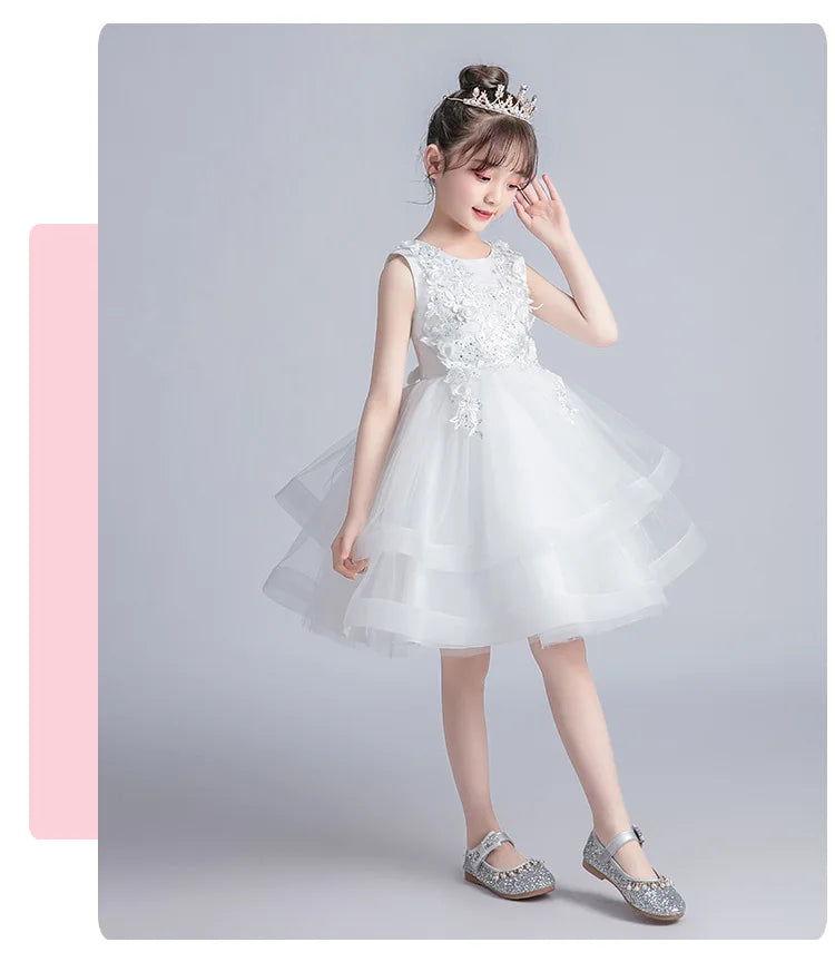 Kids Girls Layered Dress  Elegant Flower Girl Dresses for Wedding Birthday Party Children Festival Ball Gown
