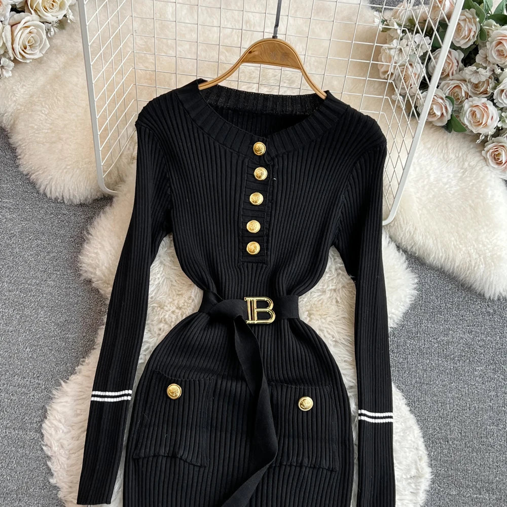 Women Dress  Autumn Winter Elegant Rib Knit Long Pencil Dress with Belt Office Lady Bodycon Sweater Dress Vestidos