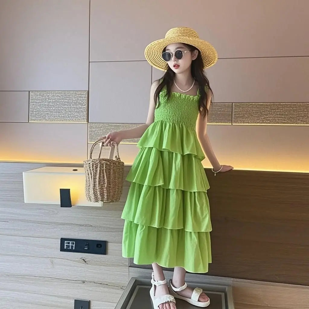 Kids Girls Summer Cake Dress  New Arrival Children Casual Multilayer Dresses Princess Sleeveless Sling Beach Rainbow Dress