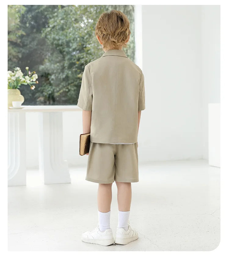 Kids Summer Short-Sleeved Wedding Suit Set Boys Blazer Pants Outfit Children's Piano Host Speech Performance Costume