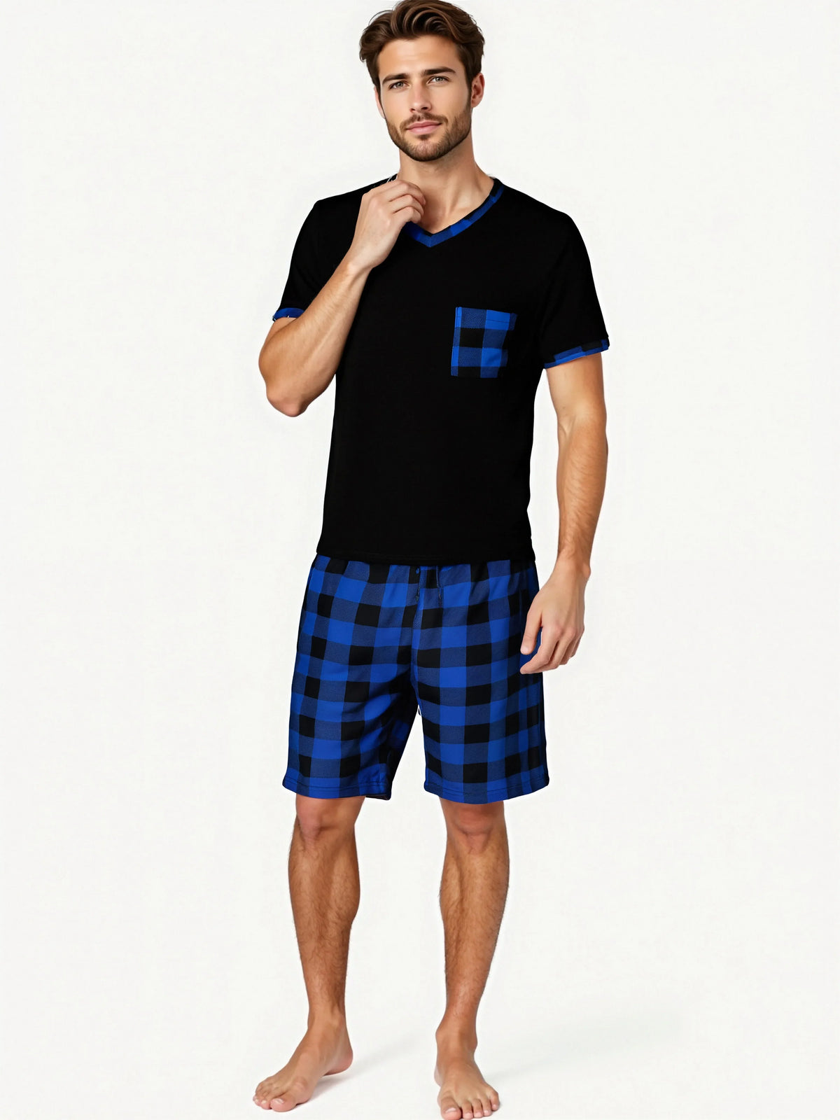Mens Pajama Sets Short Sleeve Plaid Pajamas for Men Pjs Set Soft Lounge Sleepwear Pj Pants with Pockets Drawstring Shorts Shirts