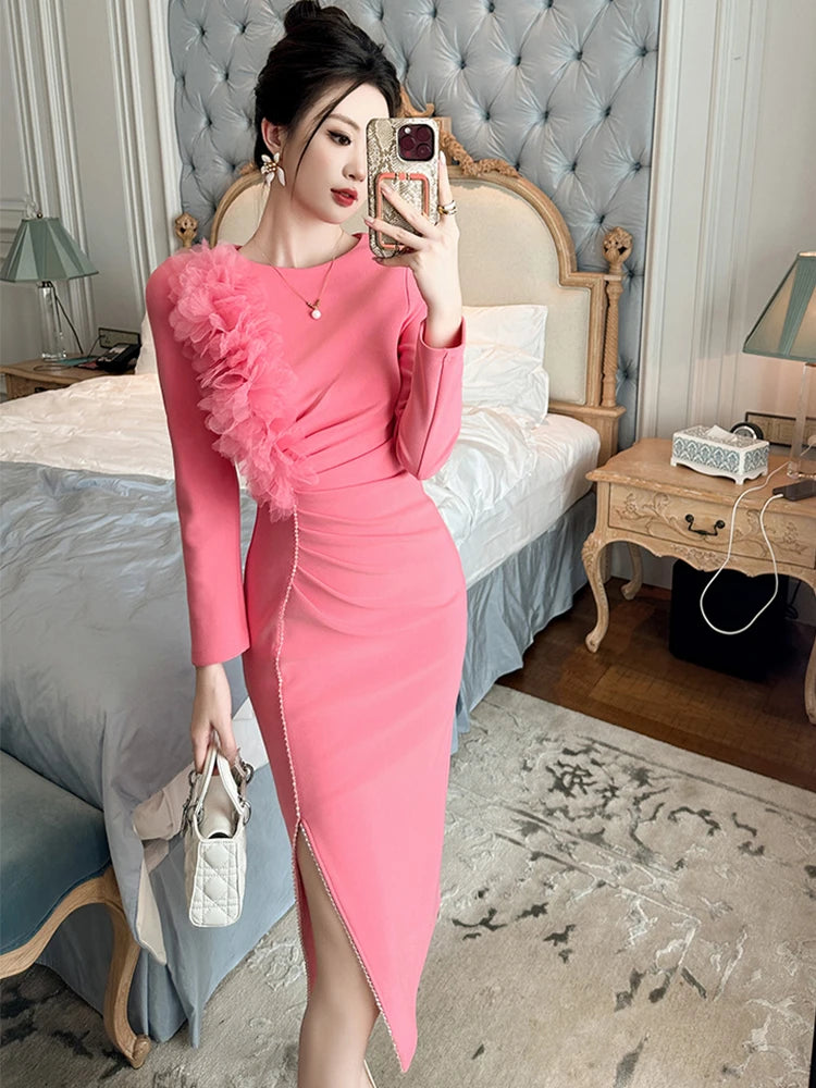 Banquet Evening Dress Women Elegant Style Flower Beading Folds Slit Robe Female Party Prom Vestidos Catwalk Gown