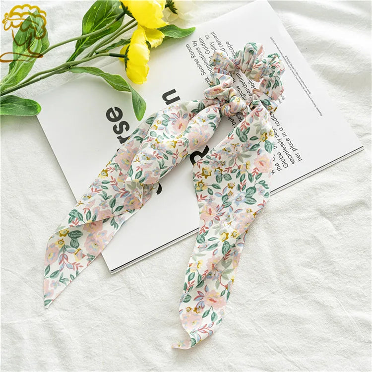 Women's Hair Accessories Girl Lady Elastic Headband Scrunchies With Ribbon Floral Design Trend Bandana Band Headbands Fashion