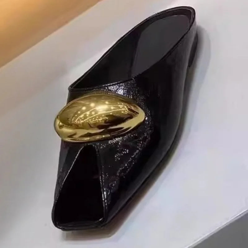 New  Elegant Temperament Metal Buckle Fish Mouth Slippers Fashionable Flat Shoes Cool Slippers Summer Trend