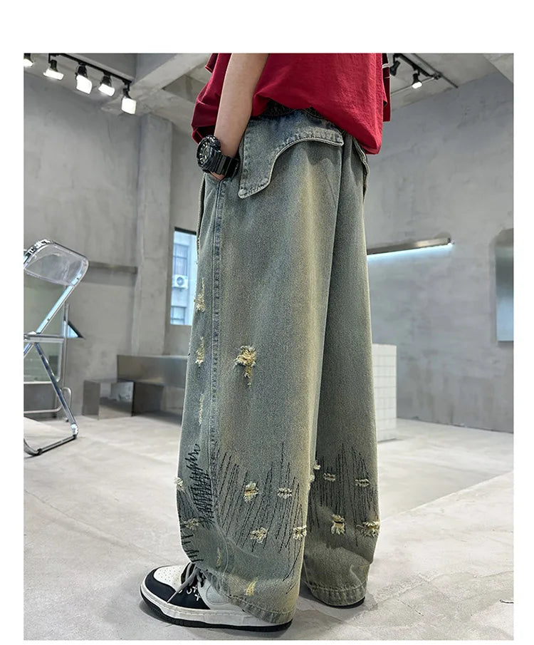 Korean Boy Luxury Hip Hop y2k Baggy Ripped Jeans Kids High Street Fashion Hiphop Rap Dance Denim Pants Child Performance Trouser