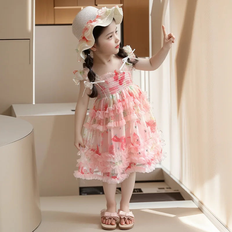 Girl Summer Mesh Dress Doll Baby  Kids Back Butterfly Flower Suspender Princess Dress Fashion Casual