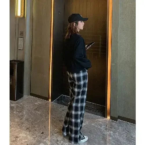 High Waist Plaid Wide Leg Pants Women Loose Straight Casual Slimming Spring Autumn New Style Chinese Brand AE Stock
