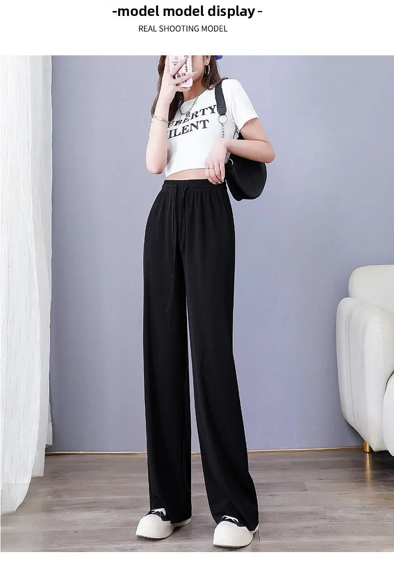 Ice Silk Wide Leg Pants Women's Summer  New High Waist Drape Loose Slimming Straight Bla Floor-Length Casual Trousers