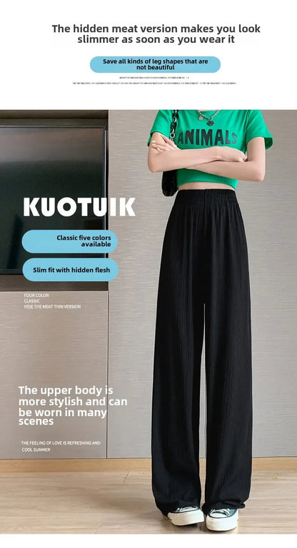 Korea Dongdaemun Ice Silk Wide-leg Pants Women's Thin Slimming Floor Pants White Striped Pants Y2K Fashion Pants Baggy