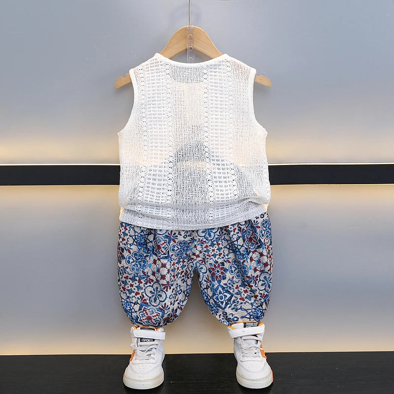 Boys Summer Hollow out Vest Set Breathable Me Svel Long Pants Two Piece Suit Teen Casual Sportswear Cotton Blend orts