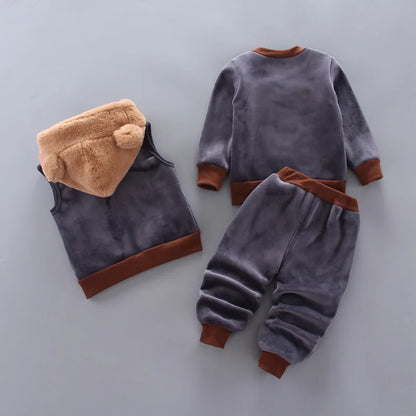 Boys Girls Fleece Sets Winter Warm Suit Children Cartoon Coat Tops Pants 3Piece Baby Hooded Autumn Outfits Kids Fashion Clothes