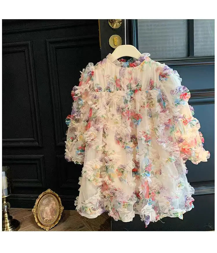 New Baby Girls floral print Fall Mesh Long Sleeve Dress Princess Kids Sweet Party Dresses
