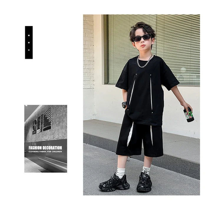 American Kids Design Double Cotton Gauze Clothing Set For Teenage Boy Casual Summer Top and Bottom Clothes Set Child Tracksuit