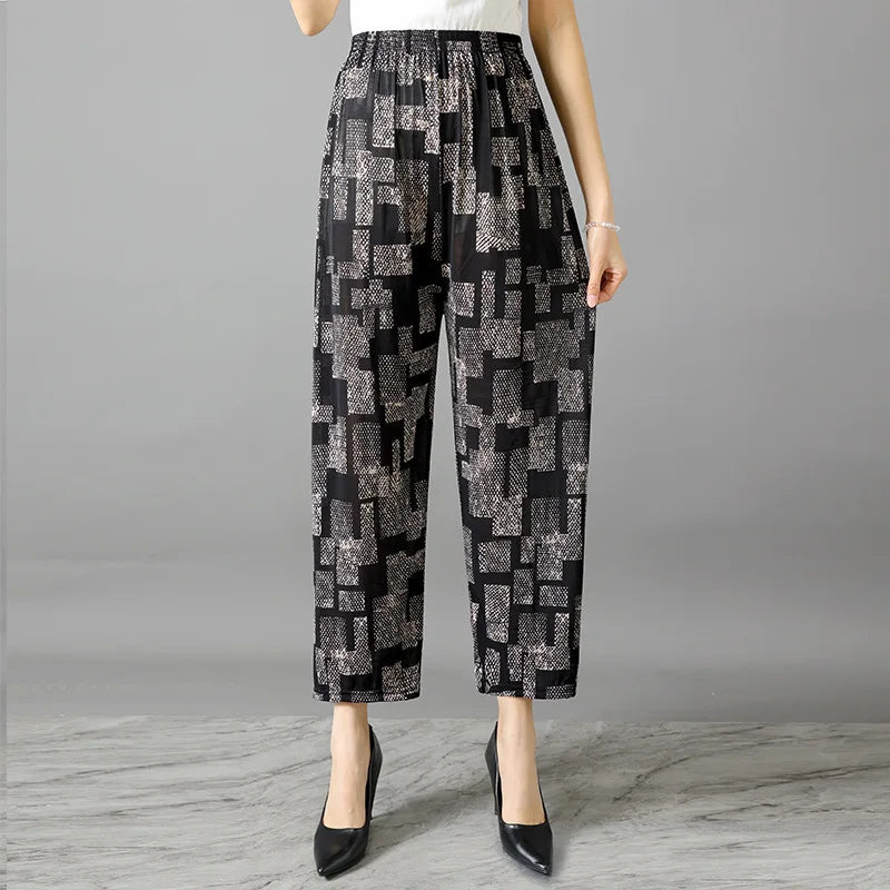 Summer Ladies Ice Silk Loose Casual Home Pants Elastic plus Size Mom Square Sports High Waist Straight Leg Length Nine Points