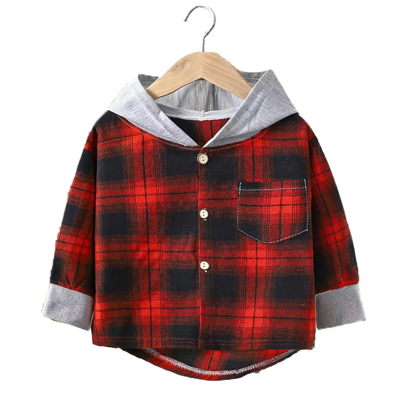 Spring and Autumn Children's Coat Plaid Boy Shirt Hooded Plaid Shirt 2-12 Year Old Girl Long Sleeved Coat Baby Clothes