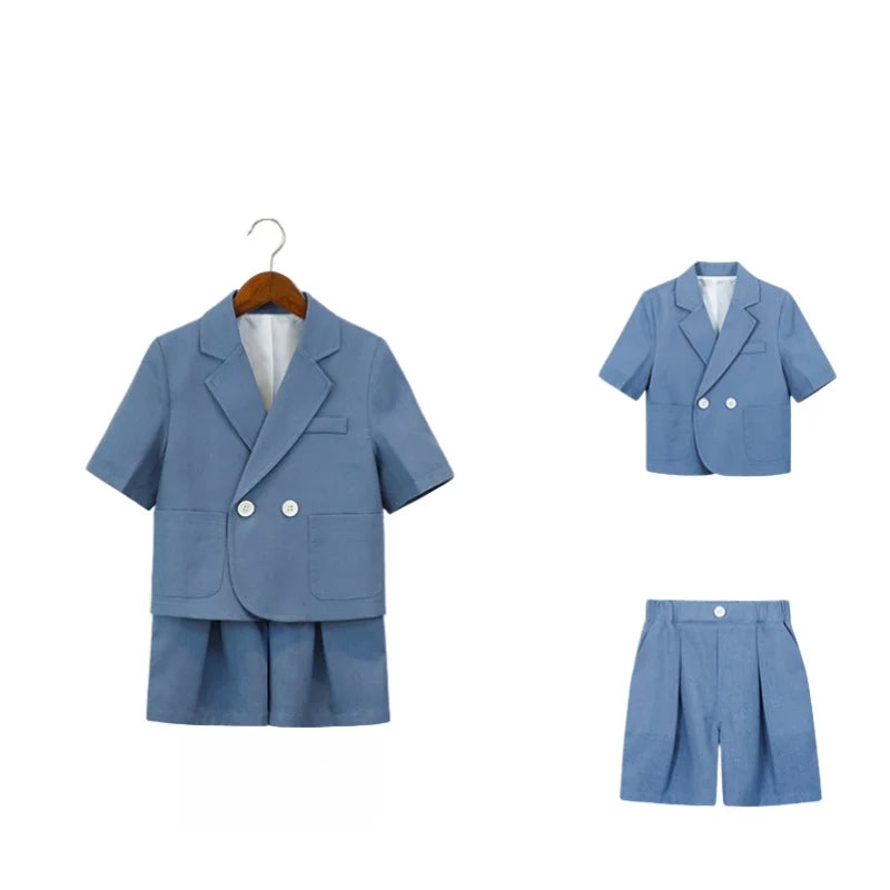 Kids Summer Short-Sleeved Wedding Suit Set Boys Blazer Pants Outfit Children's Piano Host Speech Performance Costume