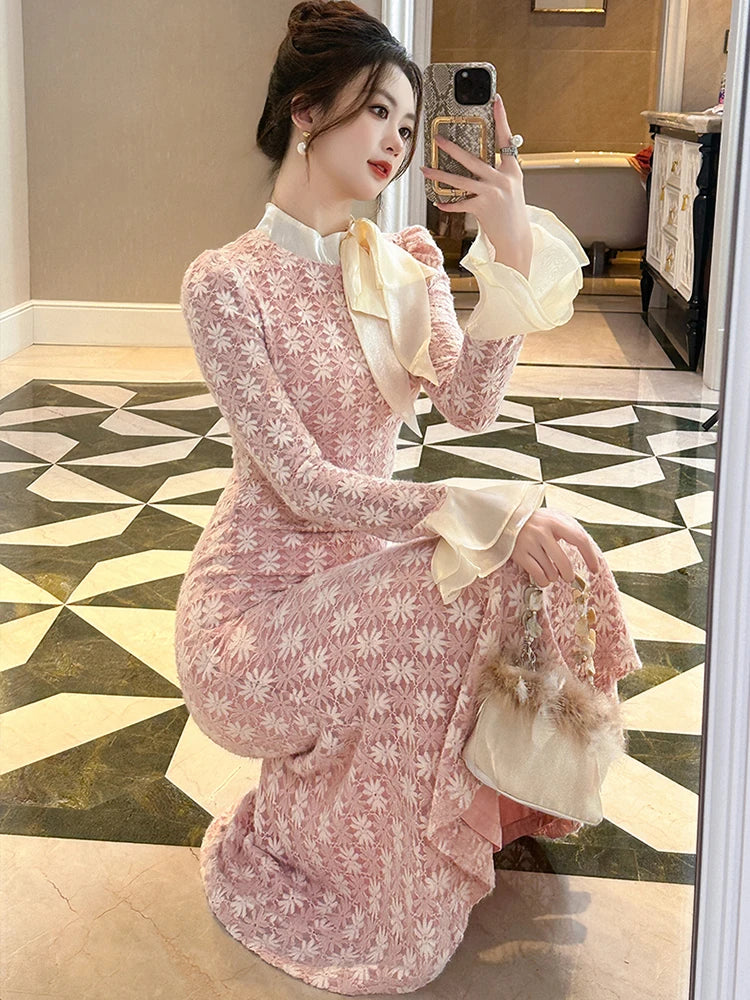 Fashion Gentle Party Dresses Women Clothing Elegant Pink Lace Bow Ruffles Long Fishtail Long Robe Date Banquet Vestidos Mujer